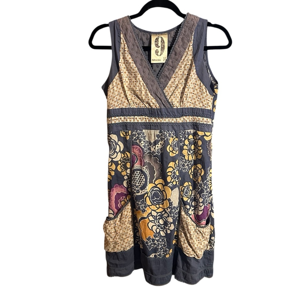 Remanika Nine Boho Patchwork Dress Pockets Empire Waist Sleeveless Size 8